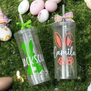 Personalized Easter Tumbler with Straw: Bunny Name Cup, Kids Easter Basket