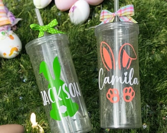 Personalized Easter Tumbler with Straw: Bunny Name Cup, Kids Easter Basket