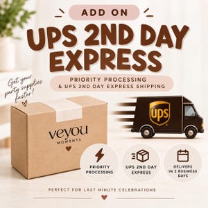 Może przedstawiać: Brązowy karton wysyłkowy z nadrukiem veyou MOMENTS na froncie. Obraz zawiera tekst ADD ON UPS 2ND DAY EXPRESS, PRIORITY PROCESSING & UPS 2ND DAY EXPRESS SHIPPING oraz grafikę przedstawiającą brązową ciężar&oacute;wkę dostawczą firmy UPS.