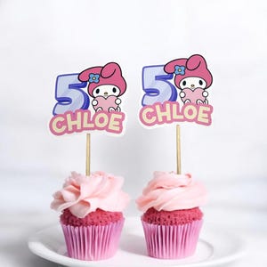 My Melody inspired Cupcake Toppers - Personalized Birthday Decor - Custom Name Picks - Kawaii Pink Party Supplies - Set of 12 - party favors
