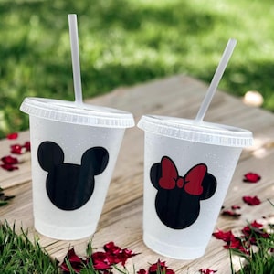 Minnie or Mickey Inspired Plastic Cups – Custom Glitter Party Cups with Lid & Straw | Reusable Disney-Themed Cups for Kids - party favors
