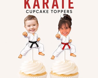 Adorno para cupcakes de kárate, cara personalizada con opciones de color de cinturón.