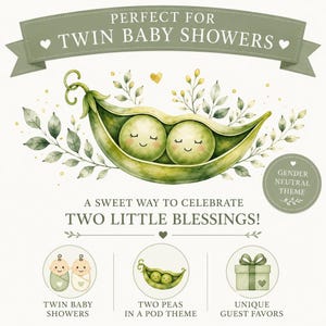 A promotional graphic features a watercolor illustration of two smiling peas in a pod surrounded by leaves and text reading Perfect for Twin Baby Showers.