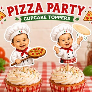 Könnte beinhalten: Zwei Cupcake-Topper mit einem Baby-Koch in weißer Mütze und Uniform. Ein Topper zeigt das Baby mit einer Pizza auf einem Holzschieber, der andere beim Werfen von Pizzateig. Der Text PIZZA PARTY CUPCAKE TOPPERS ist auf dem Bild zu sehen.