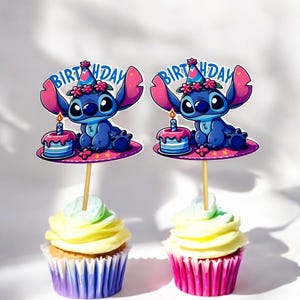 Stitch Birthday Cupcake Toppers – Party Hat Cake Picks – Happy Birthday Cupcake Decorations – Set of 12 – Cartoon Alien Party Theme