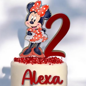 Minnie Inspired Birthday Cake Topper, Personalized Name, Red Glitter Topper for 2 Birthday, Girl Party Decoration Oh twodles Watercolor