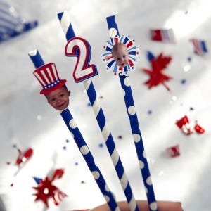 Custom Red White & Two Straws Personalized 4th of July Birthday Party Straws with Face Patriotic Paper Straws for Toddler’s Second Birthday
