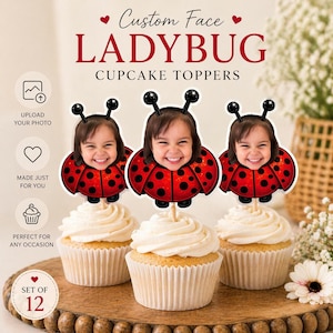 Custom Photo Topper, Ladybug Cupcake Design, Set of 12 Personalized Picks