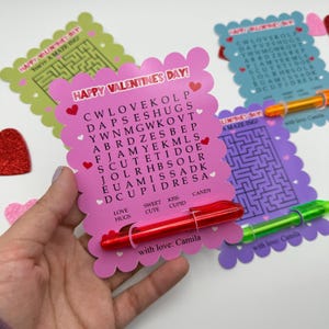 Valentinstagskarten für Kinder – Aktivitätskarten für das Klassenzimmer mit Labyrinth oder Wortsuche & Stift – Personalisierte Valentinstagskarten für Freunde