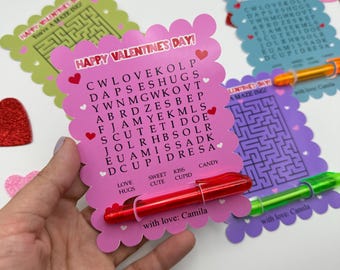 Personalized Valentine's Day Cards for Kids: Maze & Word Search with Pen