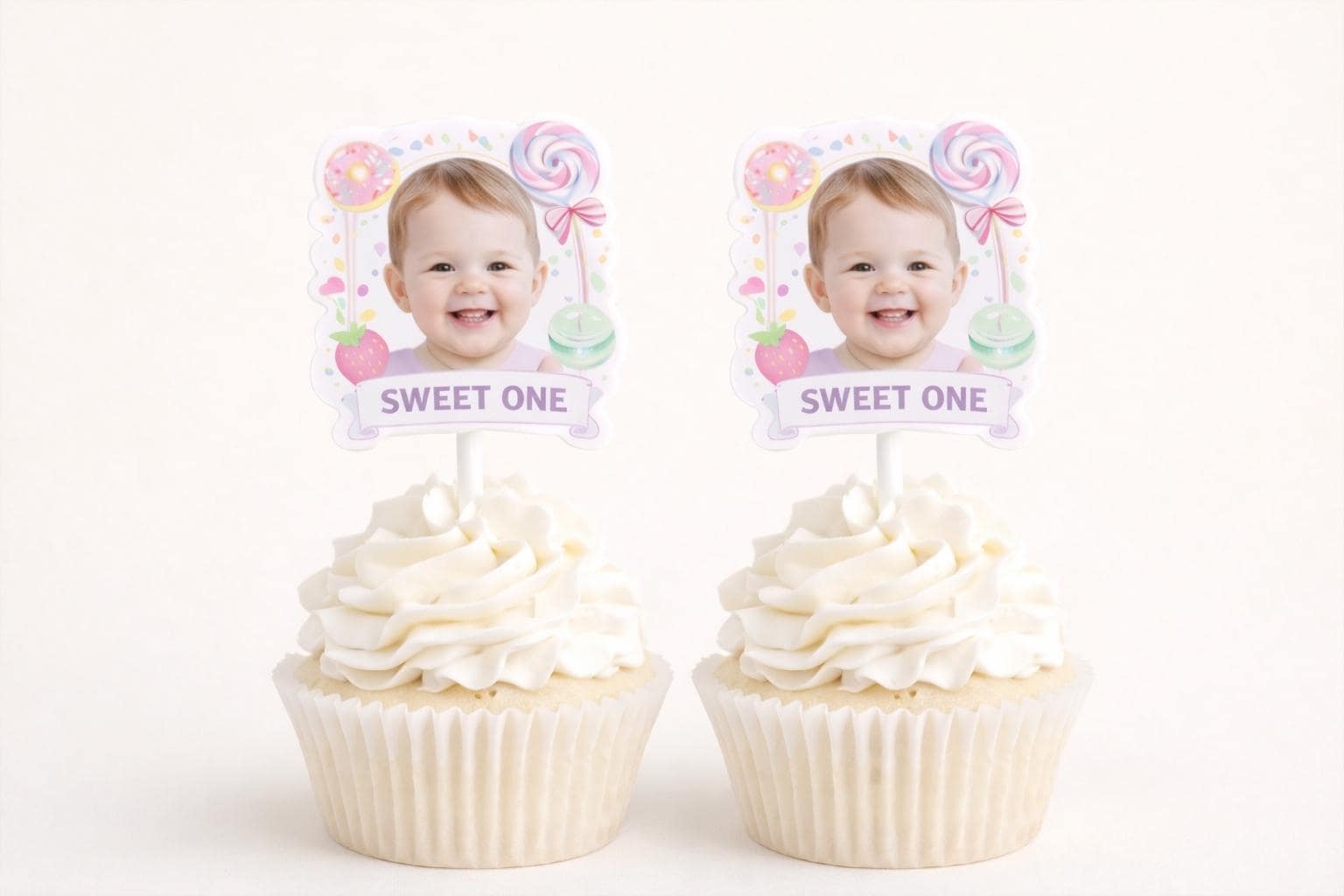 Custom Photo Cupcake Toppers, Sweet One Candy Theme First Birthday ...
