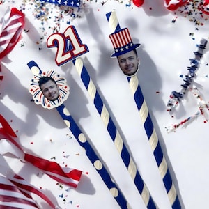 Custom Face Birthday Straws – Personalized Red White & Blue Party Straws with Photo – 21st Birthday Decorations Patriotic or Any Celebration