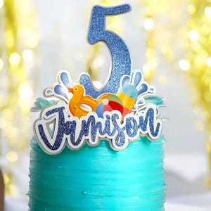 Personalized Pool Party Cake Topper: Custom Name & Age, Glitter Number