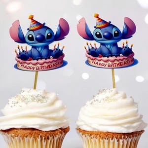 Stitch Birthday Cupcake Toppers – Party Hat Cake Picks – Happy Birthday Cupcake Decorations – Set of 12 – Cartoon Alien Party Theme
