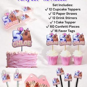 Custom Capybara Birthday Party Set: Kawaii Pastel Decor, Personalized Name & Age