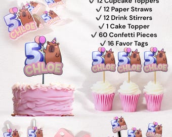 Custom Capybara Birthday Party Set: Kawaii Pastel Decor, Personalized Name & Age