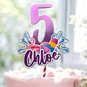 Personalized Pool Party Cake Topper: Flamingo & Popsicle Theme