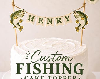 Fishing Banner Cake Topper, Custom Name on Cardstock with Bass Fish Accents