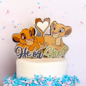 Topper per torta a tema leone per rivelazione del sesso del bambino - Lui o Lei? - Decorazione per baby shower a tema safari nella giungla - Decorazione per torta a tema Simba e Nala