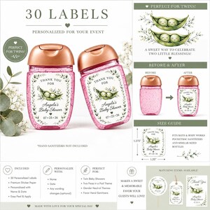 An informational grid layout showcases the hand sanitizer labels with product details, customization options, and size guides surrounding two pink glitter bottles.