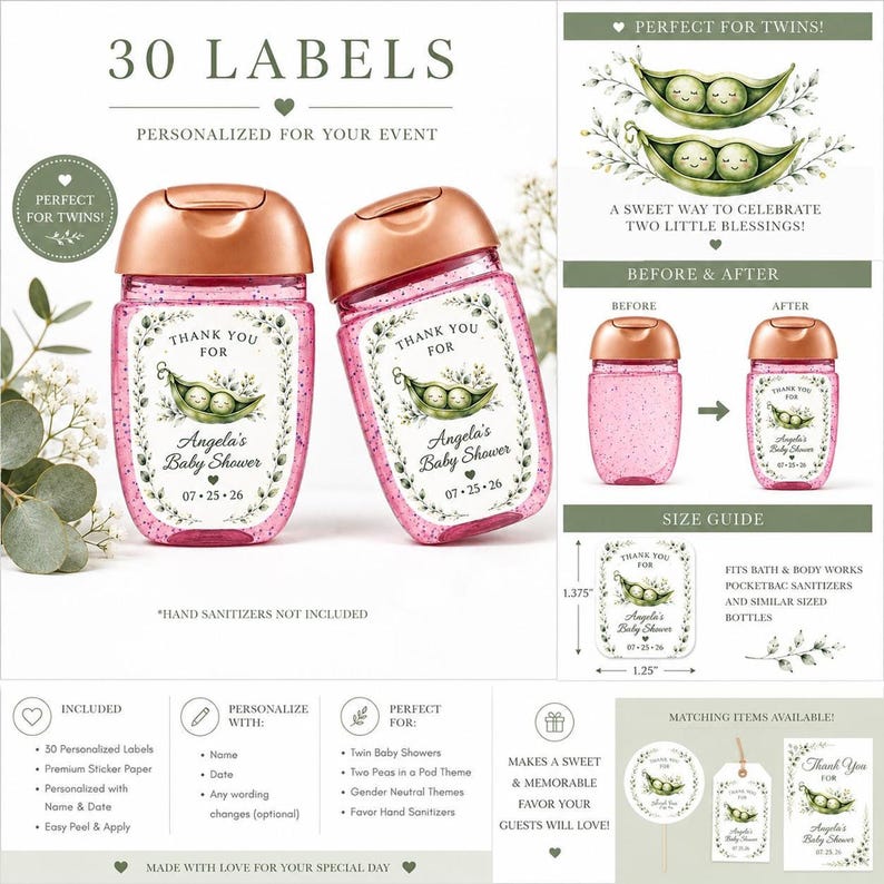 An informational grid layout showcases the hand sanitizer labels with product details, customization options, and size guides surrounding two pink glitter bottles.