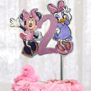 Decorazione per torta acquerello di Minnie e Daisy – Personalizzabile con età e nome – Decorazione di compleanno con glitter rosa per la festa di compleanno di una bambina – bomboniere