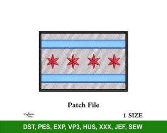 Chicago Flag Patch Embroidery Machine Design File for Hats, Trendy Embroidery Design, Embroidered Badge, Custom Snapback and Dad Hats PES