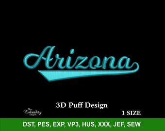 Arizona 3D Puff Raised Embroidery Design File for Hats, Embroidery Designs Trendy, Custom Baseball Hat, Custom Snapback and Dad Hat PES DST