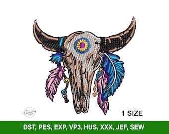 Boho Bull Skull Machine Embroidery Design File for Hats, Trendy Embroidery, Colorful Floral Skull PES, Gorra Bordado, Hunting Embroidery PES