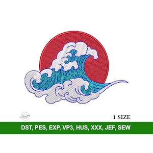 Puede incluir: Diseño bordado de una ola azul rompiendo sobre un sol rojo. La ola está estilizada con espuma blanca y el sol es un círculo rojo sólido. El diseño es adecuado para proyectos de bordado.