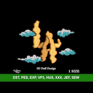 May include: A 3D puff design embroidery file of the letters LA in gold with blue clouds. The file is available in the following formats: DST, PES, EXP, VP3, HUS, XXX, JEF, SEW.