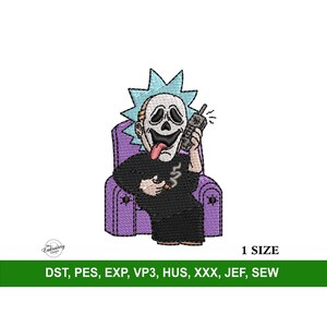 May include: An embroidered design of a cartoon character wearing a ghost mask, sitting in a purple armchair, talking on a phone. The character has a blue spiky hairdo and is wearing a black robe. The design is available in multiple embroidery file formats: DST, PES, EXP, VP3, HUS, XXX, JEF, SEW.