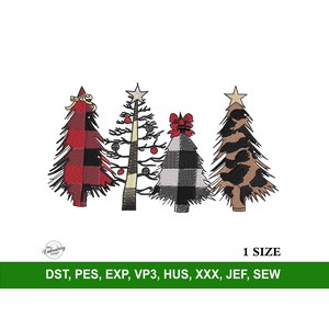 以下が含まれることがあります： 一列に並んだ4本のスタイリッシュなクリスマスツリー。最初の木は赤と黒の格子柄、2番目の木は白と黒の格子柄、3番目の木は茶色と白で上に星が乗っており、4番目の木は茶色と黒で上に星が乗っています。ツリーの下には「1 SIZE」と「DST, PES, EXP, VP3, HUS, XXX, JEF, SEW」の文字があります。