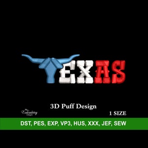 Texas Bull 3d Puff Raised Embroidery Machine Design File for Hats, Embroidery Designs Trendy, Mexican Embroidery, Custom Hat Embroidery PES