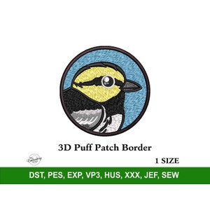 May include: A 3D puff patch border featuring a black and white bird with a yellow head on a blue background. The text "3D Puff Patch Border" and "1 SIZE" are below the image. The text "DST, PES, EXP, VP3, HUS, XXX, JEF, SEW" is below the text.