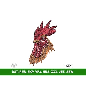 Puede incluir: Diseño bordado de la cabeza de un gallo con cresta y barbilla rojas y barba marrón y naranja. El diseño está disponible en varios formatos: DST, PES, EXP, VP3, HUS, XXX, JEF, SEW.