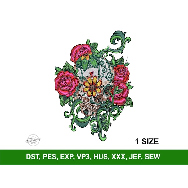 Sugar Skull & Roses Machine Embroidery Design File, Dia De Los Muertos Bordados, Halloween Trendy Embroidery, Calavera Embroidery PES VP3