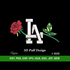Los Angeles Rose 3D Puff Raised Archivo de diseño de máquina de bordado para sombrero de béisbol personalizado, diseños de bordado de moda, bordado snapback personalizado