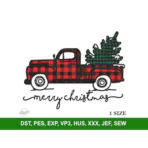 Op de afbeelding: Rode en zwarte geruite pick-up truck met een groene kerstboom in de laadbak. De truck rijdt en de tekst "merry christmas" staat eronder. De afbeelding is voor borduurmotieven.