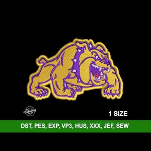 Könnte beinhalten: Stickdatei mit einem lila und goldenen Bulldoggen-Maskottchen. Der Bulldogge ist in einer knurrenden Pose mit offenem Maul. Das Design ist in mehreren Stickformaten verfügbar: DST, PES, EXP, VP3, HUS, XXX, JEF, SEW.