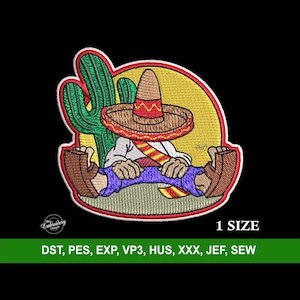 Puede incluir: Parche bordado de un hombre de dibujos animados con un sombrero, sentado con las piernas cruzadas, frente a un cactus. El parche está rodeado por un borde rojo y tiene un fondo amarillo. El texto "1 SIZE" y "DST, PES, EXP, VP3, HUS, XXX, JEF, SEW" están debajo del parche.