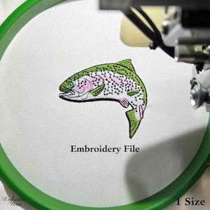 May include: Embroidery file of a green and pink trout fish on a white background. The text "Embroidery File" is below the fish.