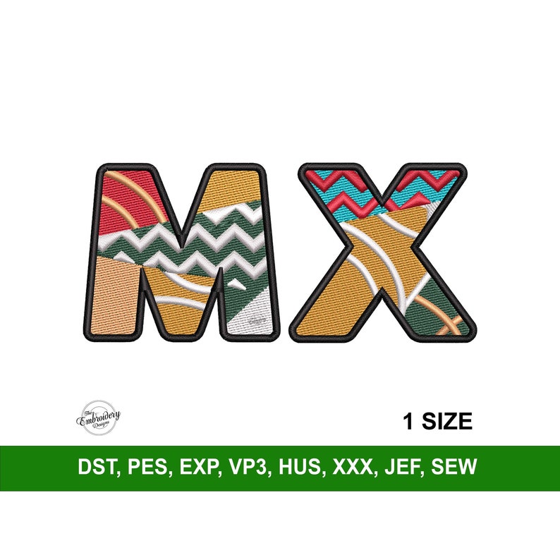 May include: Embroidered design of the letters "MX" in a colorful geometric pattern. The letters are outlined in black and have a variety of colors including red, yellow, green, blue, and white.