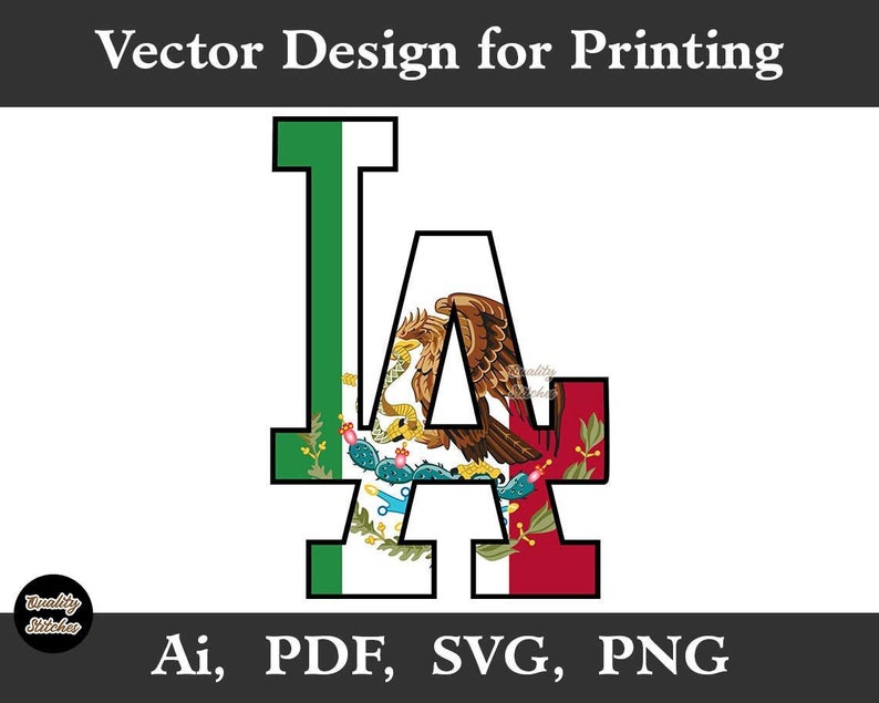 Może przedstawiać: Wektorowy projekt liter "LA", gdzie litera "L" jest zielona, a litera "A" w kolorach meksykańskiej flagi. Projekt zawiera tekst "Vector Design for Printing" i "Ai, PDF, SVG, PNG".