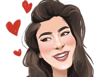 May include: A digital illustration of a woman with long brown hair, wearing a black shirt and a silver necklace. She is smiling and looking to the left. There are three red hearts in the background.