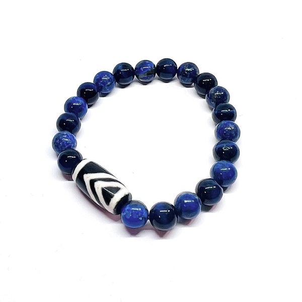 Bracelet with 1 Eye-Mountain Dzi bead, Lapis lazuli and blue tiger’s eye