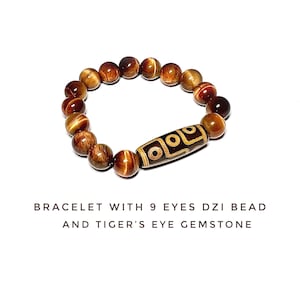 Bracelet Dzi Bead 9 Eyes, brown Tiger’s eye natural gemstone AAA+ quality. Protective talisman, lucky charm