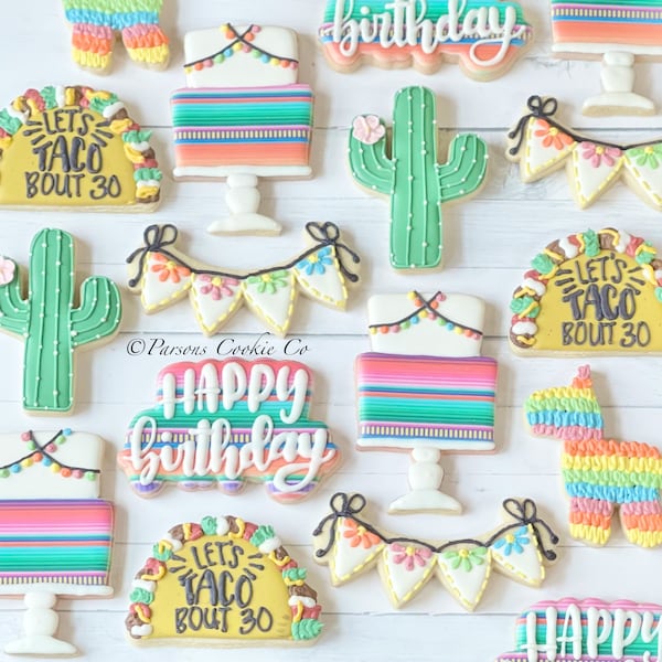 Taco Fiesta Birthday Decorated Cookies | Sugar Cookies | Royal Icing | cactus | piñata | Kids | siesta