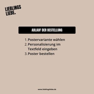 May include: A beige poster with black text. The top left corner has the words "LIEBLINGS LIEBE." The center of the poster has the words "ABLAUF DER BESTELLUNG" in a black rectangle. Below are three numbered steps in German. The website address is at the bottom.
