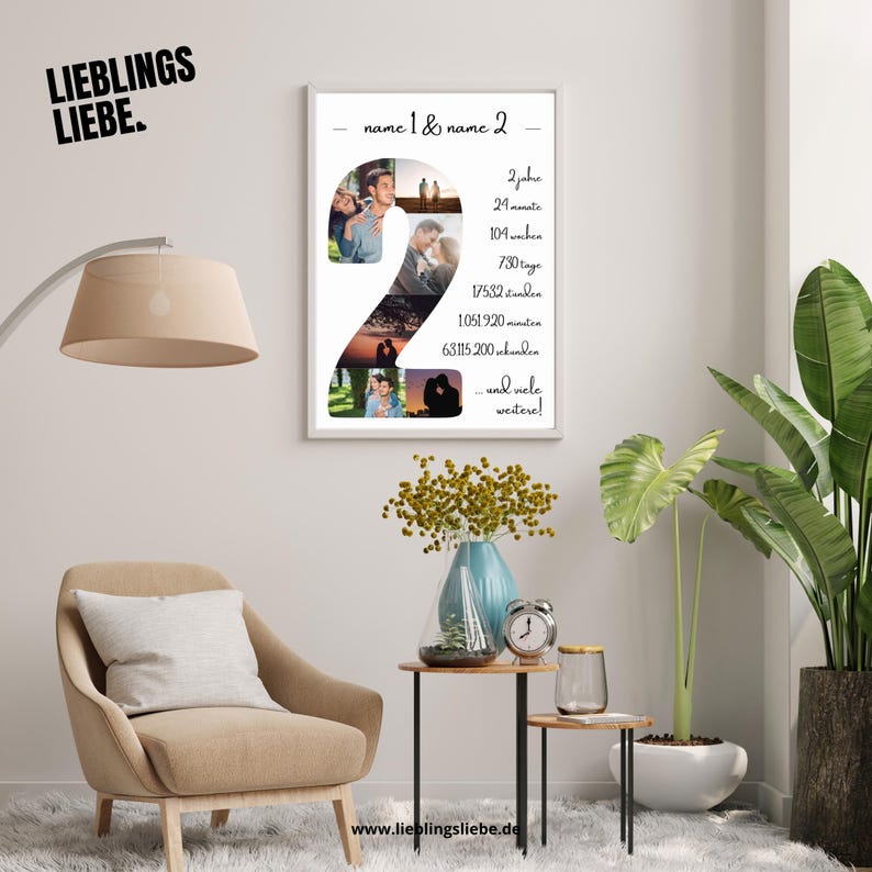May include: A framed print with the text "name 1 & name 2" and a large number "2" composed of several photos. The print also includes text indicating time passed in years, months, weeks, days, minutes, and seconds. The words "LIEBLINGS LIEBE" are in the upper left corner.